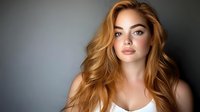 Young Caucasian woman with long wavy blonde hair and natural makeup looking at camera against gray background for beauty and fashion concepts.