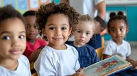 Diverse group of young children enjoying story time in classroom setting, smiling while reading colorful picture book together. Educational preschool environment.