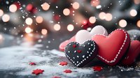 Romantic heart decorations with red and black gingerbread cookies on snowy surface against blurred bokeh lights background, festive Valentine's Day composition.