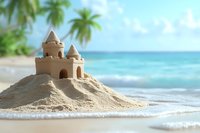 Sandcastle with towers on tropical beach shore, gentle waves lapping at base, palm trees and turquoise ocean waters create dreamy summer vacation scene.