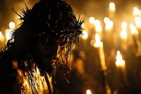 Dramatic silhouette of Jesus Christ wearing crown of thorns against glowing candlelight background creates powerful spiritual atmosphere with golden bokeh effect.