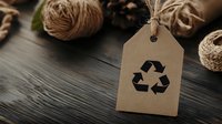 Eco-friendly kraft paper tag with recycling symbol surrounded by natural jute twine on rustic wooden surface for sustainable packaging and green business branding.