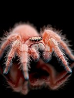 Pink hairy tarantula with multiple eyes on black background, showcasing detailed texture of arachnid legs and body in macro photography.