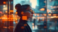 Young Asian woman with glasses and hair bun in profile against urban evening background with warm bokeh lights and reflections creating atmospheric mood.