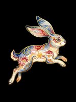 Ornate leaping rabbit with floral and swirl patterns in blue, red, and gold. Isolated on transparent background for stickers, sublimation, and t-shirt design.