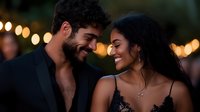 Young diverse couple sharing intimate moment at evening party with bokeh lights, romantic outdoor celebration atmosphere, genuine emotions and joy.