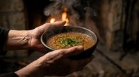 Elderly hands holding steaming bowl of lentil soup with fire background, representing comfort food, poverty relief, charity, and traditional cooking for humanitarian and social themes.