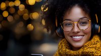 Young African American woman with natural curly hair wearing glasses and headphones smiles warmly against golden bokeh background, dressed in yellow knit scarf.