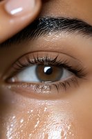 Close-up macro shot of brown eye with long eyelashes and glowing hydrated skin showing natural beauty and skincare results for cosmetic advertising.