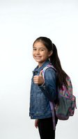 Happy Hispanic elementary school girl with backpack giving thumbs up gesture isolated on white background for back to school designs.
