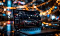 Laptop displaying financial trading chart with stock market data on screen against blurred bokeh city lights background, modern investment analysis.