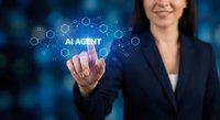 Professional businesswoman touching AI agent interface with connected network icons on digital blue background for artificial intelligence technology concepts.