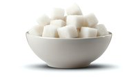 White sugar cubes stacked in ceramic bowl against white background, clean minimal composition with soft shadows for food and beverage industry marketing.