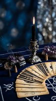 Mystical tarot card reading setup with ornate candlestick, amethyst crystals and magical symbols on dark blue cloth for fortune telling and divination.