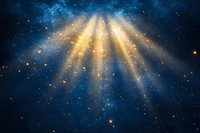 Magical golden light rays breaking through dark blue cosmic nebula with glowing stars and dust particles in deep space. Spiritual background.