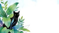 Black cat sitting among lush green tropical leaves and foliage on white background, pet animal nature design element for greeting cards and decorations.