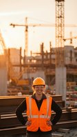 Confident female construction worker in safety gear smiling at building site during golden hour sunset with cranes and concrete structures in background.