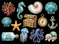 Nautical ocean elements collection featuring coral, seahorse, shells, starfish, treasure chest, compass, anchor, jellyfish, octopus, and ship in bottle. Isolated on transparent background, ready for t-shirts, clipart, stickers, and print-on-demand designs.