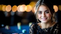 Young Caucasian woman with natural makeup and updo hairstyle wearing black lace dress smiling at evening party with bokeh lights in background, portrait in warm lighting.
