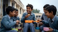 Group of young South Asian male students in school uniforms sharing meal together outdoors, laughing and bonding during lunch break at educational institution.