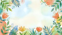 Watercolor floral frame with colorful flowers and green leaves on soft pastel background, copy space for text, spring nature border.