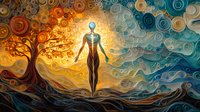 Spiritual figure levitating in surreal landscape with swirling patterns, mystical tree, and ethereal sky in orange and blue tones, artistic fantasy composition.