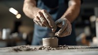 Artisan hands crafting clay pottery on wheel, close-up view showing detailed process of adding texture to small ceramic vessel in dimly lit workshop studio.