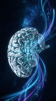 Futuristic digital brain with glowing neural networks and data streams in cosmic space background for artificial intelligence and technology concepts.
