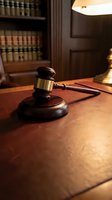 Wooden gavel on desk in law office with legal books and warm lighting for justice and legal proceedings concept.
