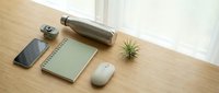 Minimalist workspace with smartphone, notebook, computer mouse, steel water bottle and small plant on clean wooden desk surface for productivity and organization.