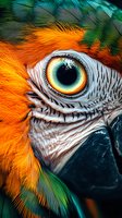Extreme close-up of macaw parrot eye with vibrant orange and green feathers showing detailed texture of skin, beak and iris in dramatic lighting.