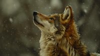 Gray wolf with thick winter fur looking up during snowfall, dramatic lighting highlights facial features and fur texture against dark atmospheric background.