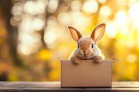 Adorable brown and white bunny rabbit peeking out from cardboard box against warm golden bokeh background, creating heartwarming autumn scene for greeting cards.