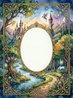 Fantasy fairy tale frame with castle, unicorn, dragon and magical forest landscape for storytelling, invitations and children's book design.