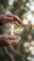 Hands holding glowing sacred geometry symbol with light patterns, representing energy, spirituality, and quantum consciousness for wellness and meditation concepts.