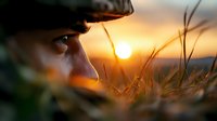 Young woman in profile breathing fresh air in golden wheat field at sunset with warm sunlight creating peaceful meditation moment in nature.