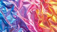 Vibrant holographic foil texture with iridescent pink, blue and orange metallic wrinkled surface creating abstract fluid waves and dynamic light reflections.