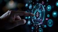 Finger touching digital hologram with dollar symbol surrounded by glowing financial technology icons on dark background with blue light effects.