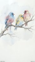 Watercolor painting of three colorful birds perched on tree branch with soft pastel tones and artistic brushwork for home decor and wall art projects.