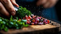 Fresh herbs and colorful peppercorns scattered on rustic wooden cutting board with dramatic lighting and water drops splash, macro food photography.