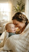 Happy young Caucasian mother with braided hair cuddling smiling baby boy wrapped in cozy knit blanket in bright living room for family bonding moments.