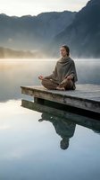 Young woman meditating in lotus pose on wooden dock over calm lake at sunrise with misty mountains creating peaceful zen atmosphere for mindfulness practice.