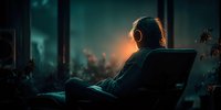 Young man with headphones relaxing in chair during evening hours with warm ambient lighting and urban cityscape view through window.
