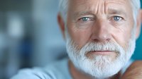 Senior Caucasian man with white beard and blue eyes looking thoughtfully at camera, close-up portrait against blurred background showing wisdom and experience.