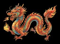 Colorful traditional Asian dragon with flames and golden orb, isolated on transparent background, ready for t-shirts, stickers, sublimation, and print on demand.