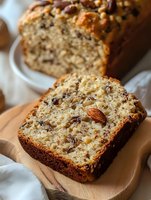 Homemade banana bread slice with nuts and raisins on wooden cutting board. Fresh baked loaf cake with almonds and dried fruit for breakfast or snack time.