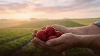 Fresh ripe strawberries cupped in farmer hands at sunset over agricultural field. Organic berry harvest concept for healthy eating and farm produce.
