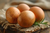 Fresh brown speckled chicken eggs on rustic wooden surface with burlap fabric and rosemary sprig, captured in warm natural lighting with shallow depth of field.