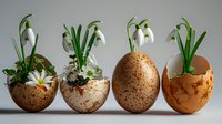 Delicate snowdrops growing in decorative eggshells with moss and daisies, creative spring composition showing natural growth and rebirth concept on neutral background.