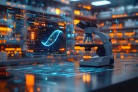 Digital microscope with DNA helix hologram display in modern laboratory setting, glowing orange and blue tech interface background for scientific research.